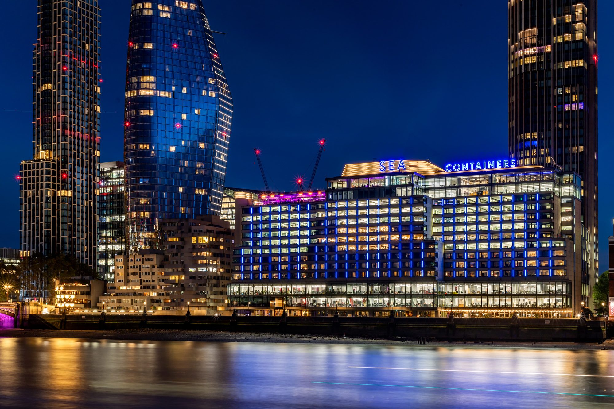 SeaContainers on the Thames at dusk, London